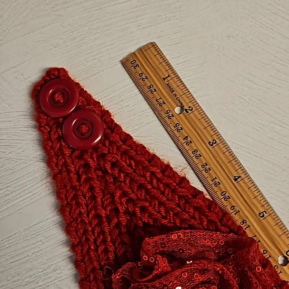 Red sequin bow detail on red knit headband wrap button detail festive holiday